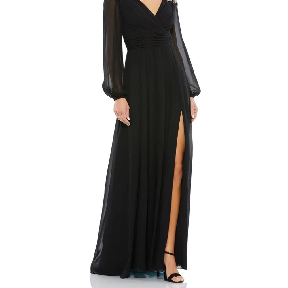 Ieena Mac Duggal Black Embellished Puff Sleeve Chiffon Gown - Picture 2 of 9